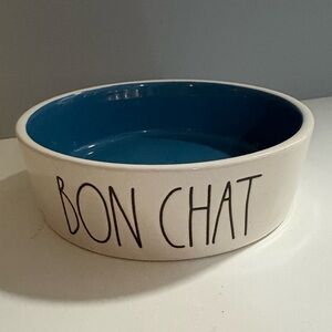 Rae Dunn RARE BON CHAT Ceramic Pet Cat Bowl with Blue Interior French